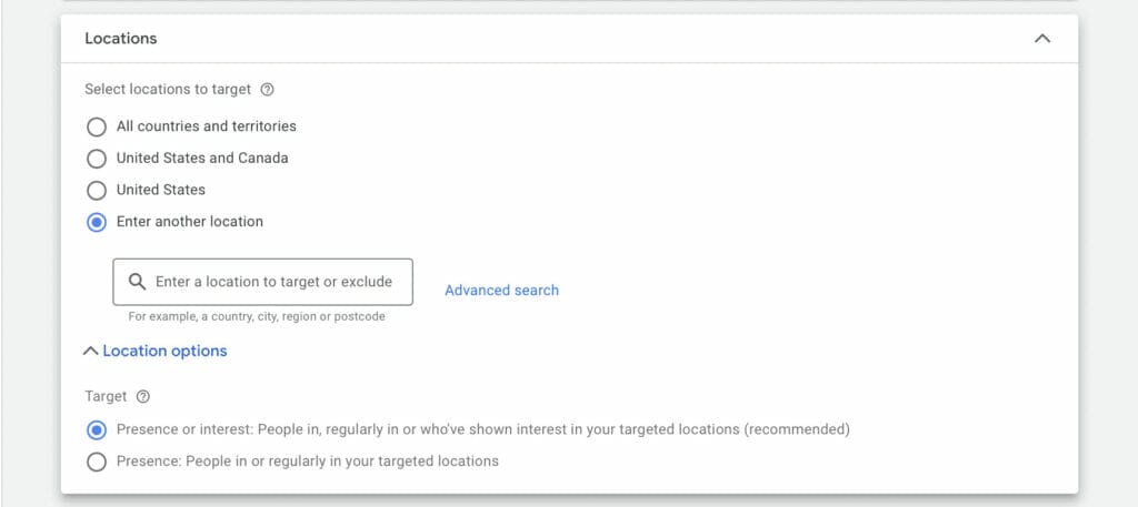 location settings for a ppc campaign