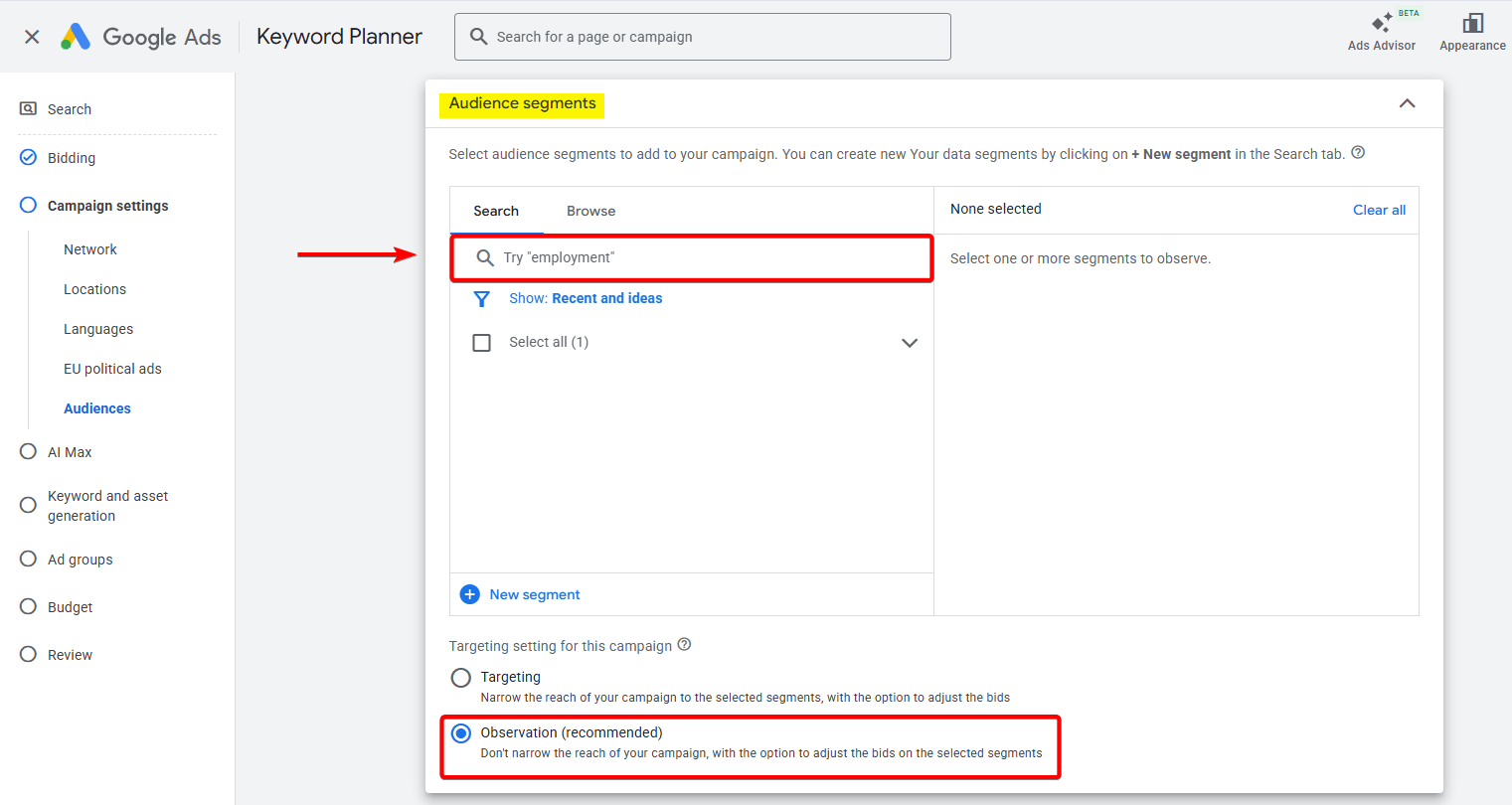 Audience segments selection screen