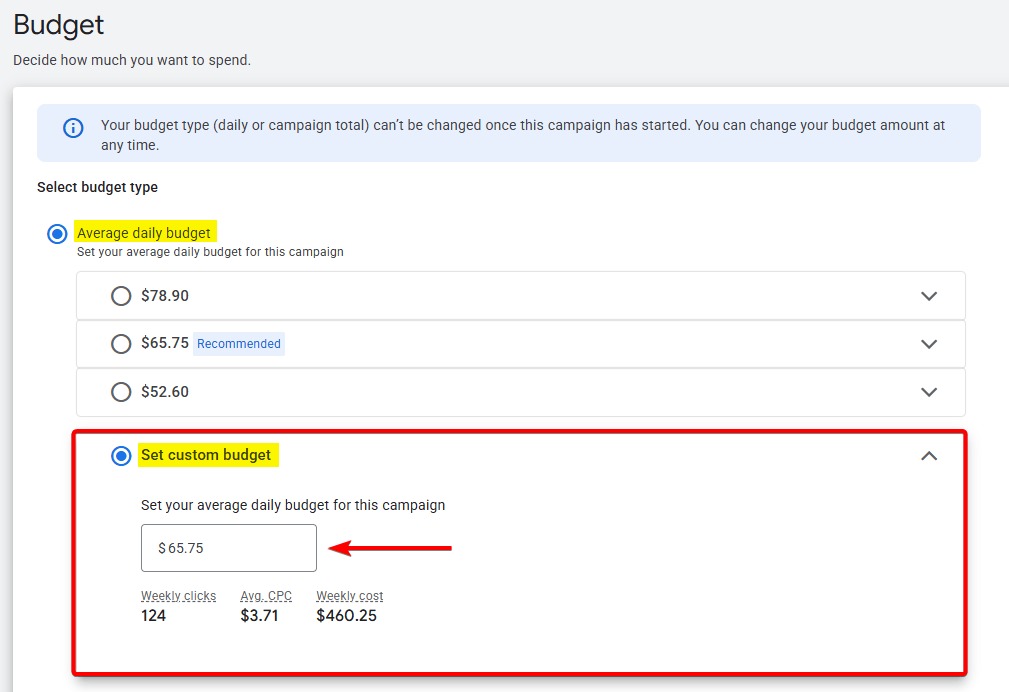 Daily budget field entered in Google Ads