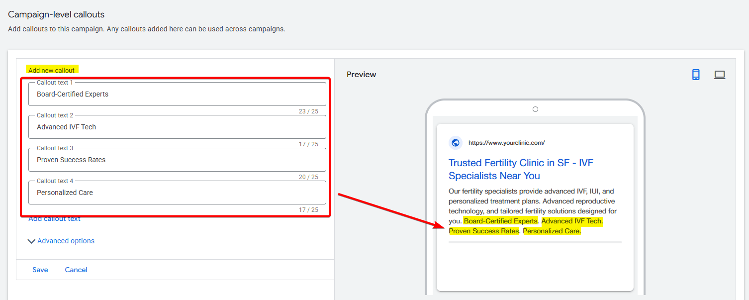 Callout extension setup screen