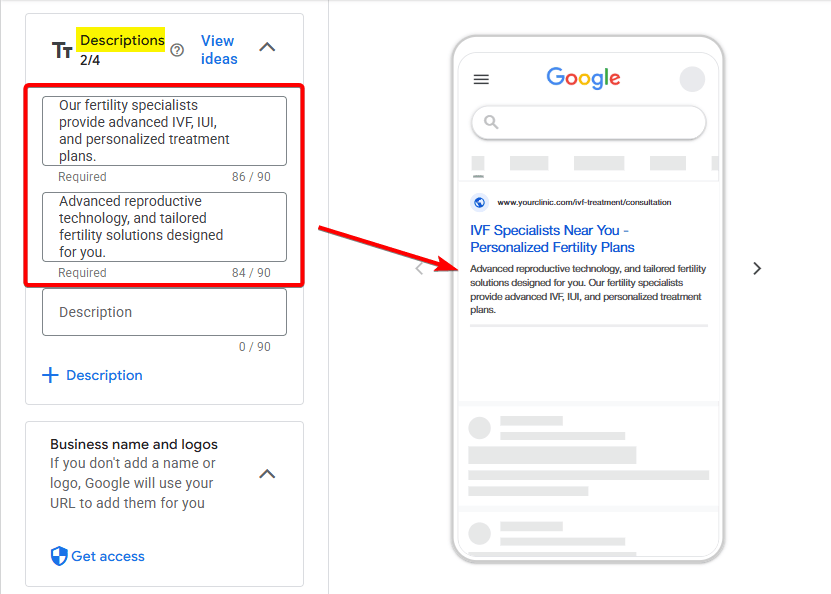 Ad preview with fertility descriptions