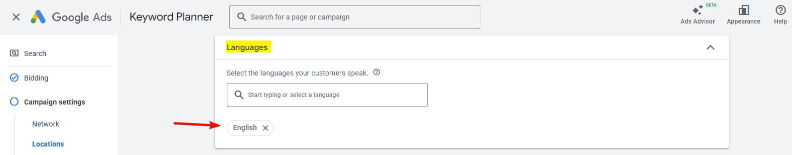 Language targeting set to English