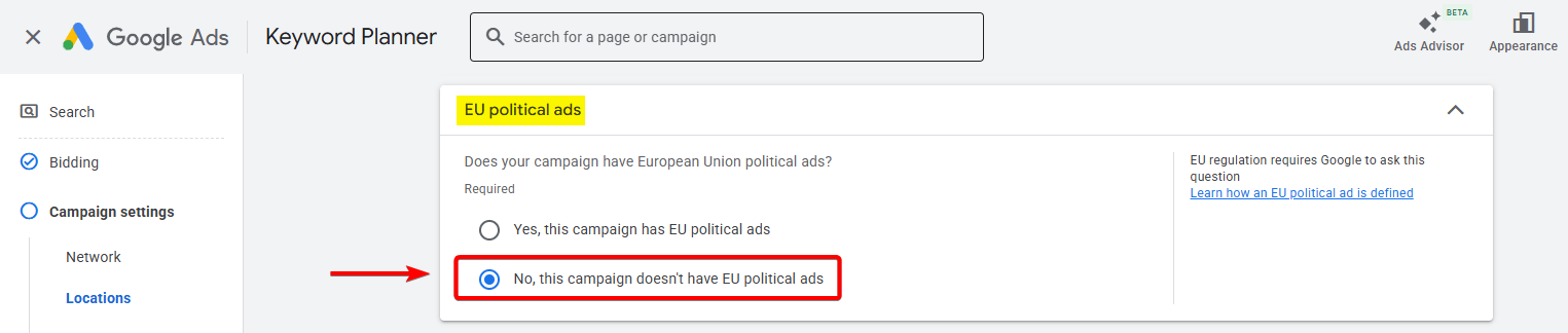 EU political content setting marked as Not applicable