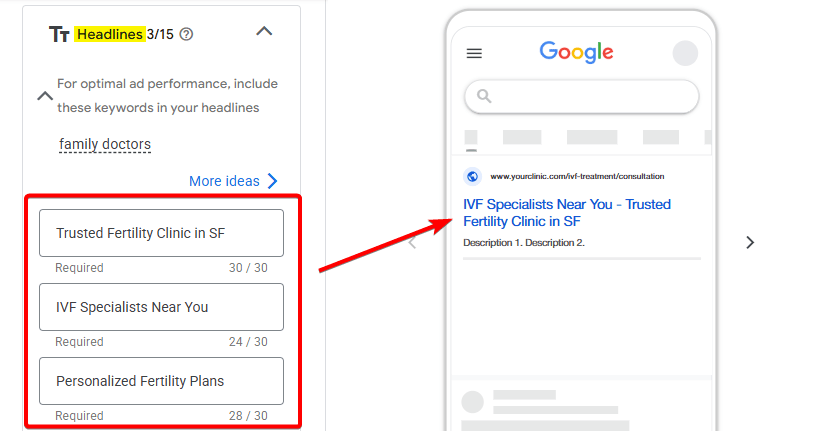 Responsive search ad headline fields