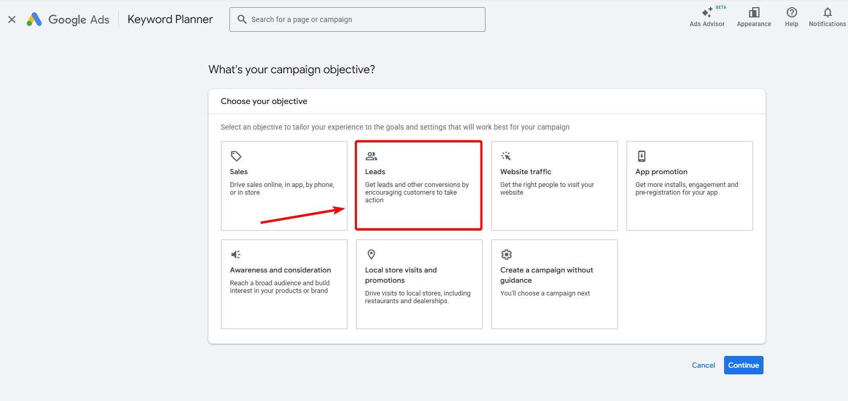 Campaign objective selection screen