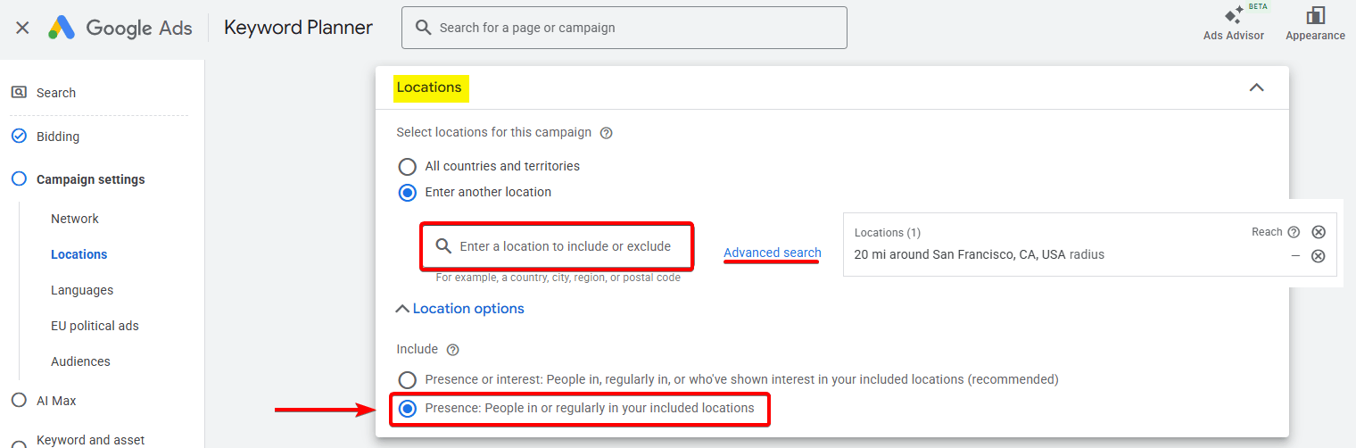 Location targeting settings for local service area