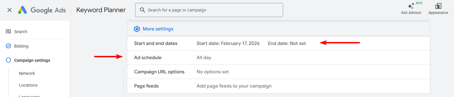 More settings dropdown expanded in Google Ads
