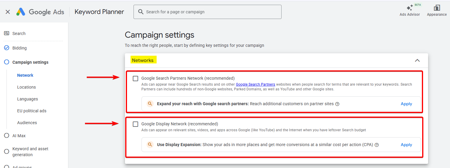 Networks settings with Display disabled