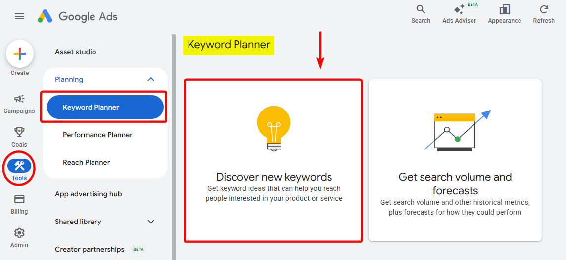 Google Keyword Planner keyword ideas screen