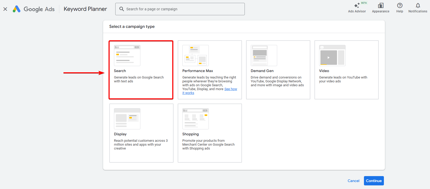 Campaign type selection with Search chosen