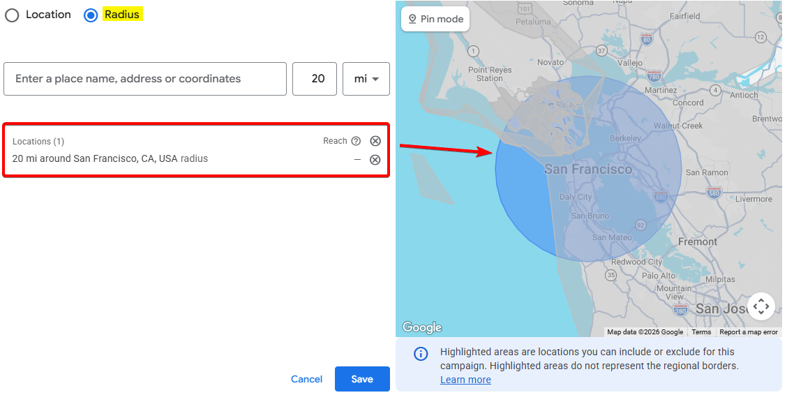 Presence setting selected for included locations