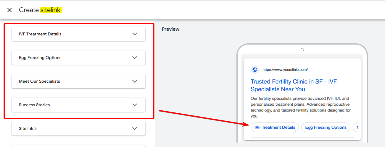 Sitelinks extensions added to ad