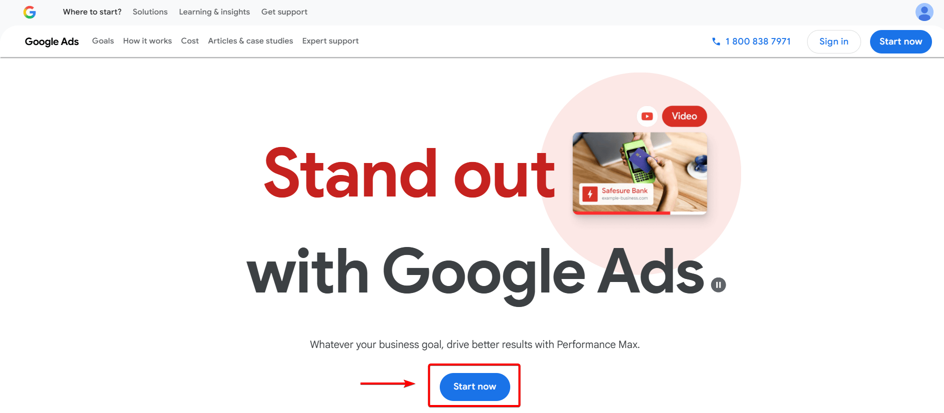 Google Ads homepage with Start now button