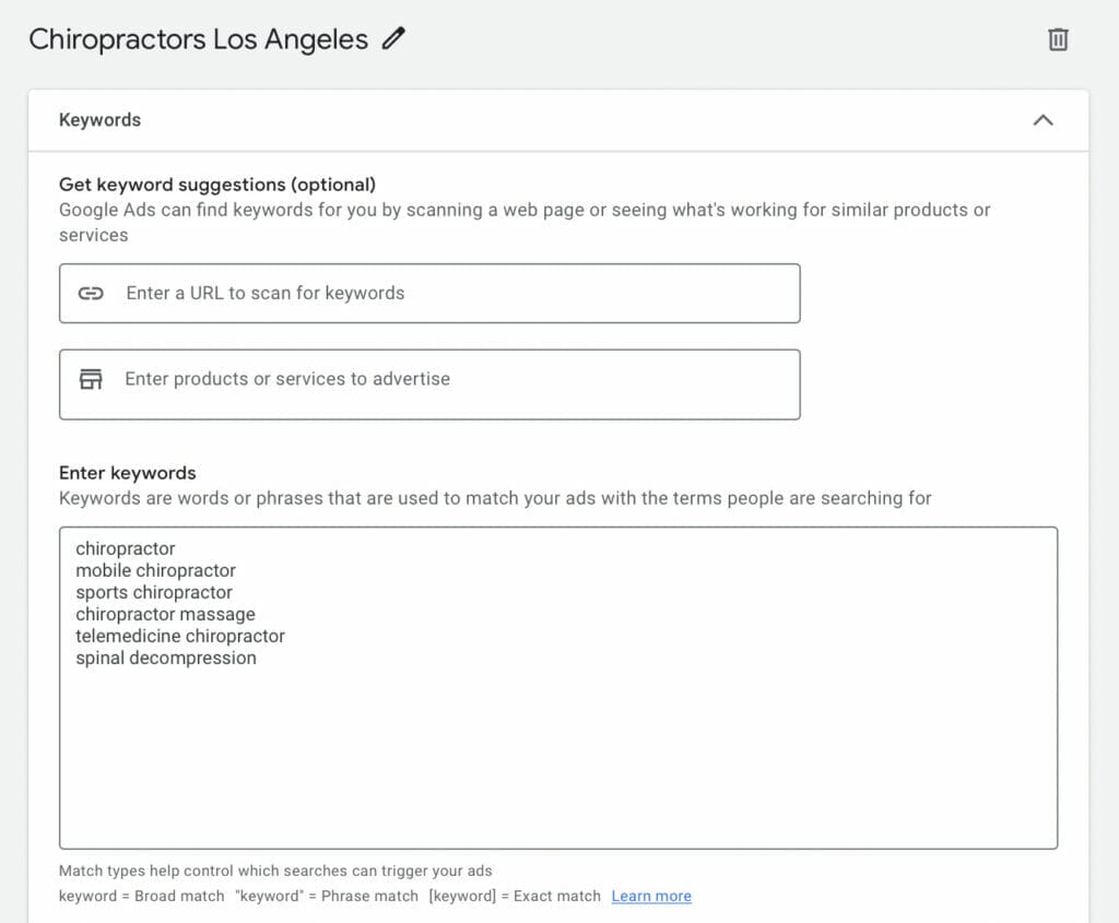 keyword examples for chiro ppc campaign