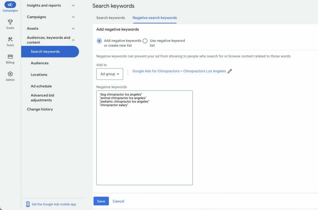 adding negative keywords for chiro clinic 
