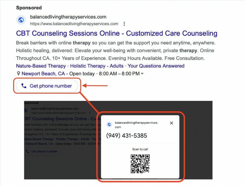 call asset and message asset example for therapists ppc campaign