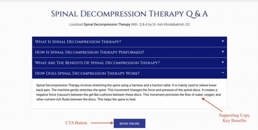 chiropractic service highlighting key benefits with supporting copy