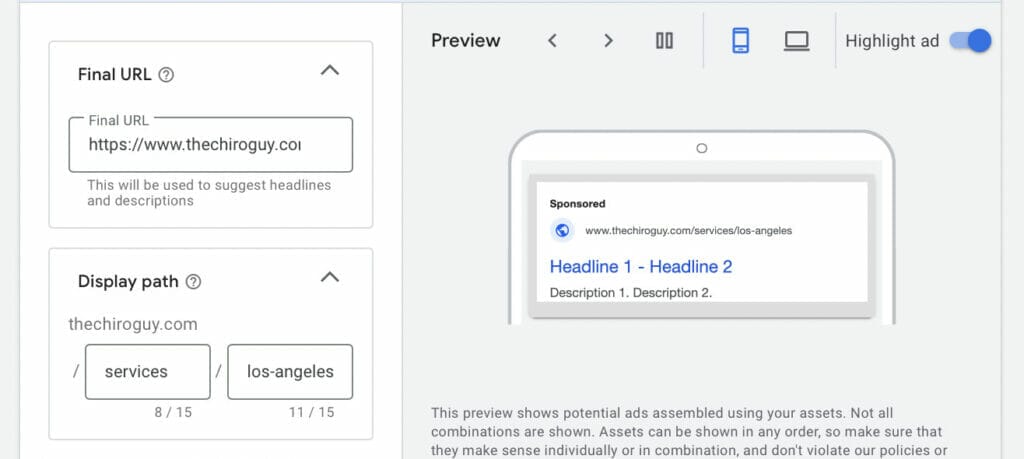 final url and display path for chiropractors