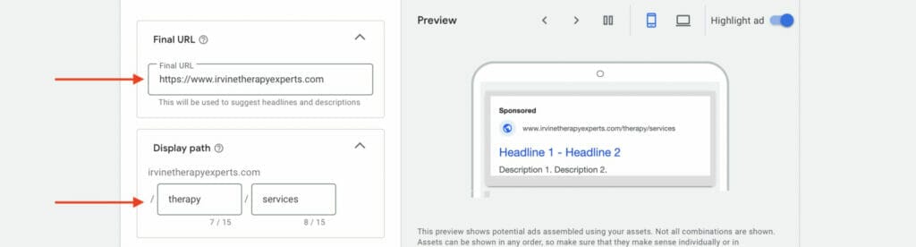 final url and display path assets for therapists ppc campaign