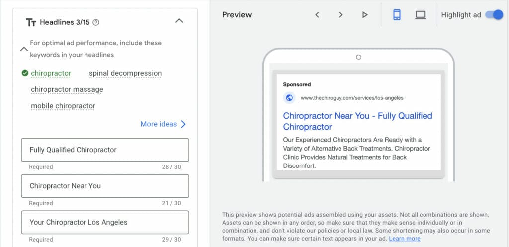 headlines for chiro clinic ppc campaign