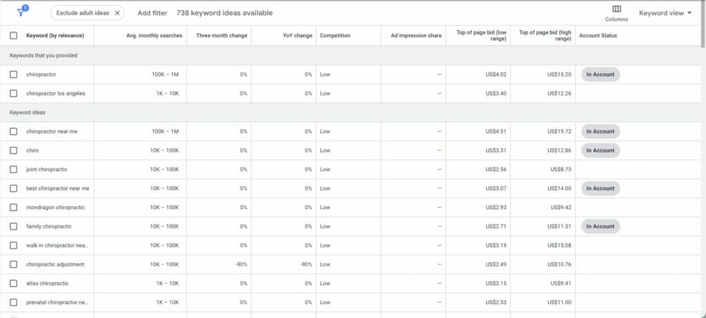 keyword suggestions from keyword planner for chiro ppc