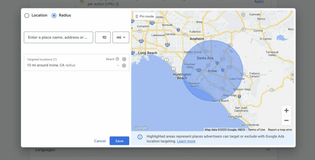 location settings using 10 miles radius for irvine ca area for therapists