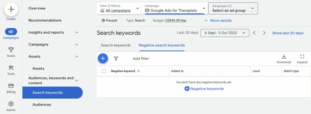 how to add negative keywords to therapy clinic ppc campaign