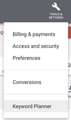 Drop-down menu for keyword planner