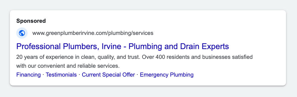 preview of plumbing services campaign on search engines