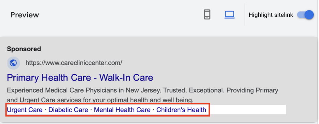sitelink healthcare urgent care child care ppc sample