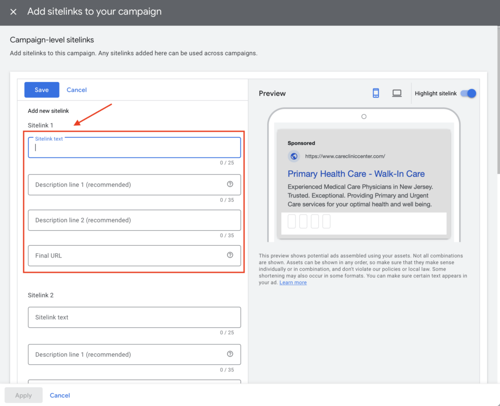sitelinks for ppc doctors
