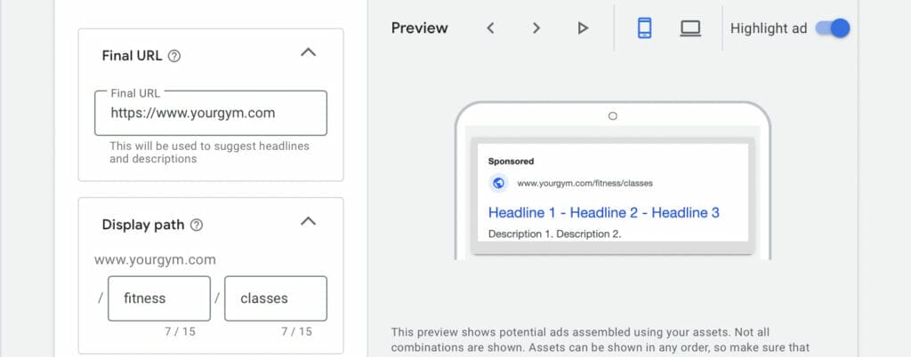 final url and display path for ppc campaign for fitness gyms