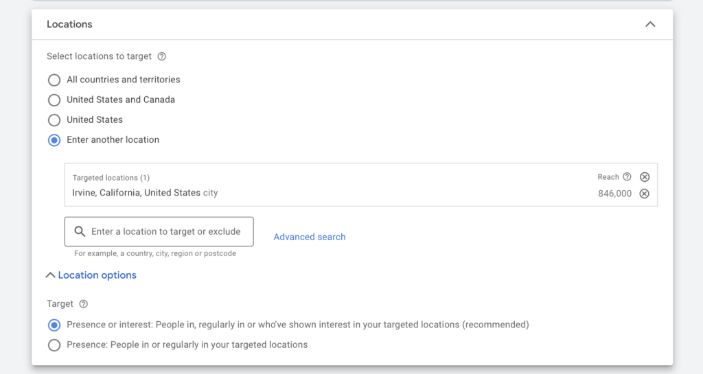 general location settings for ppc campaign for crossfit gym business