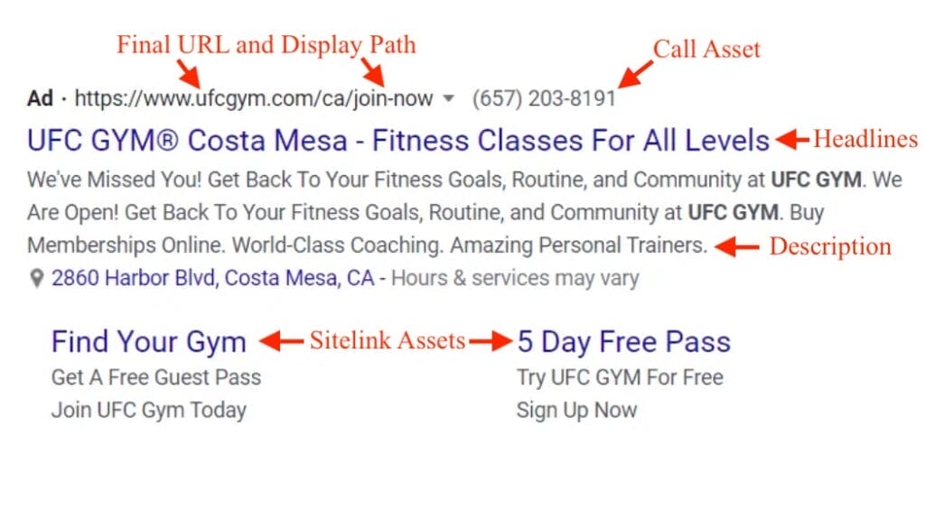 google ads for fitness businesses sponsored example
