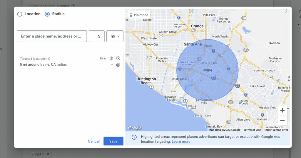 location settings for irvine los angeles using radius feature