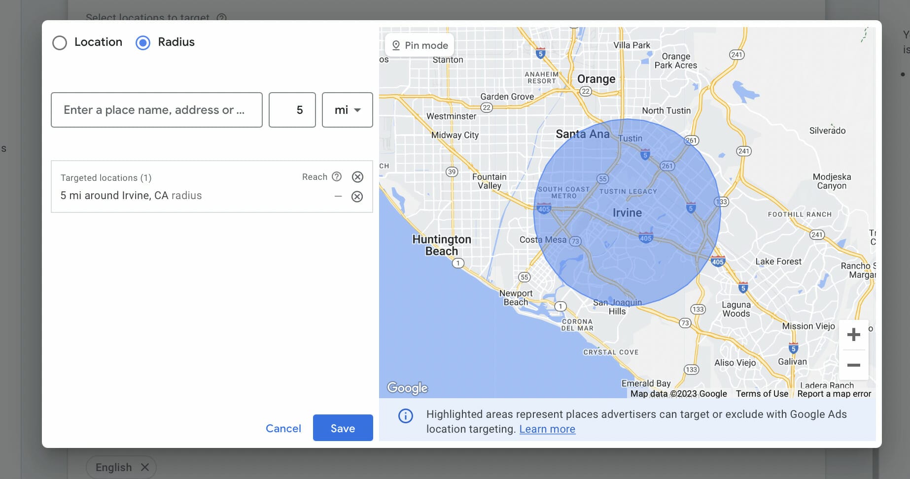 location settings for irvine los angeles using radius feature