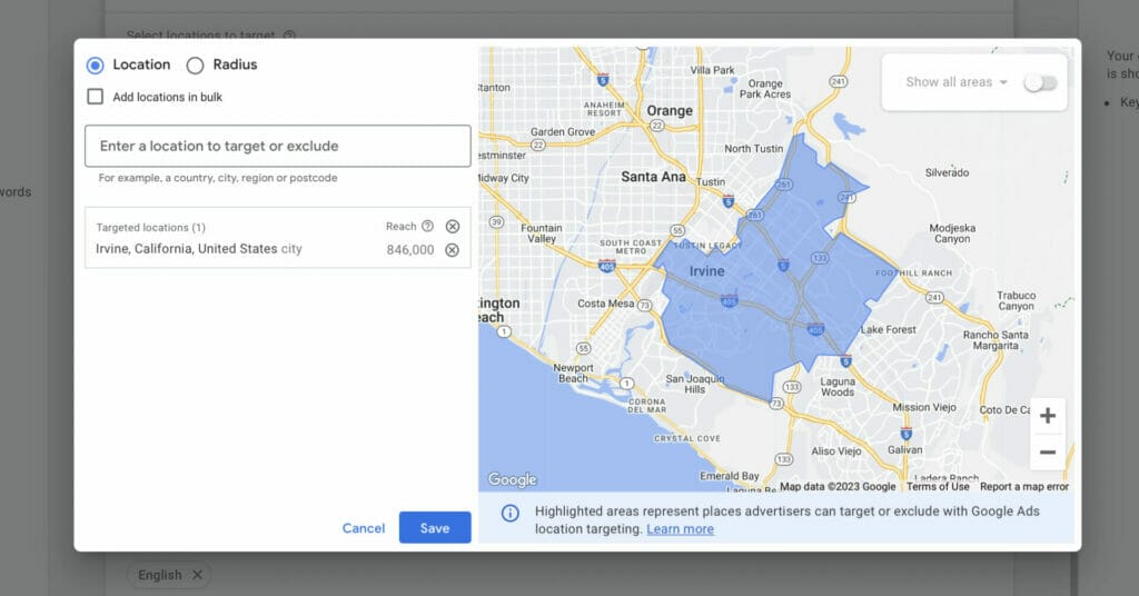 location settings for irvine los angeles