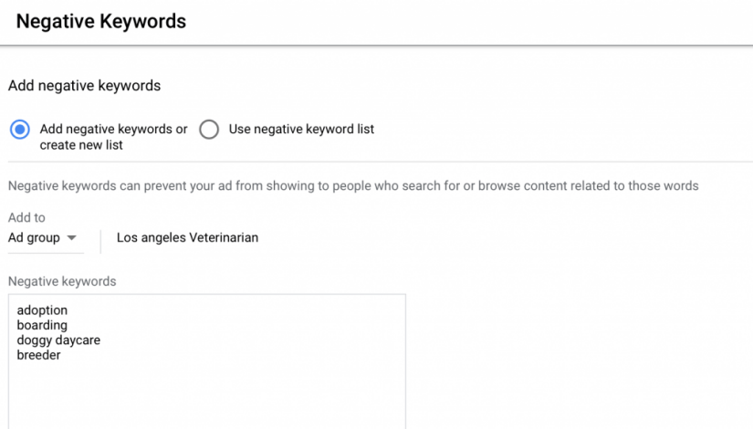 add negative keywords list to your google ads for veterinarians