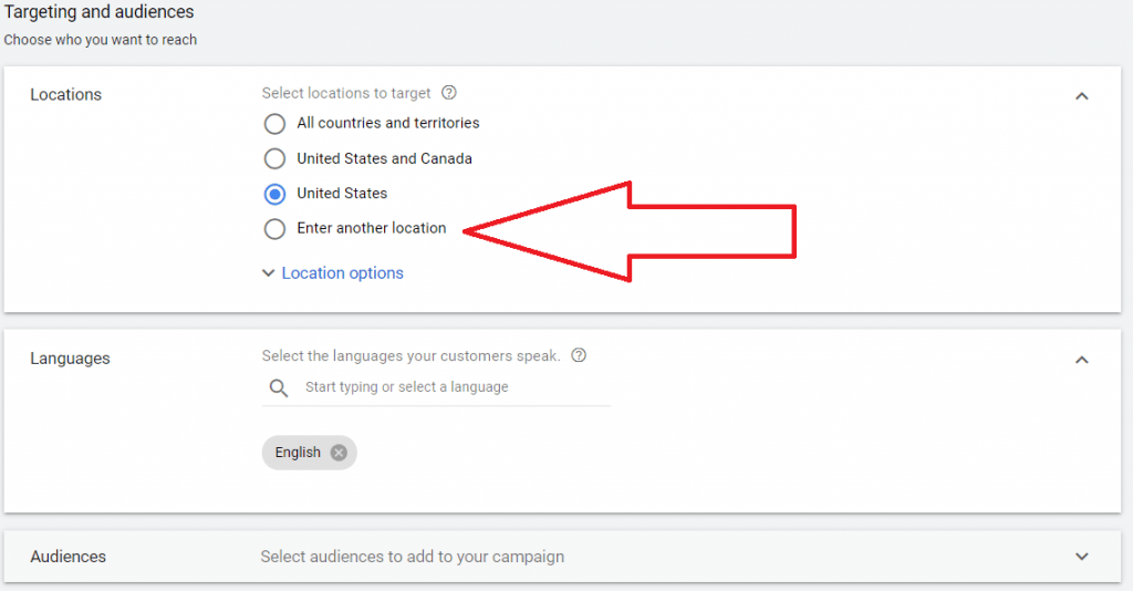 Targetting Audience settings, Local Location PPC