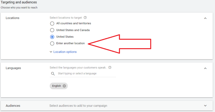 Targetting Audience settings, Local Location PPC