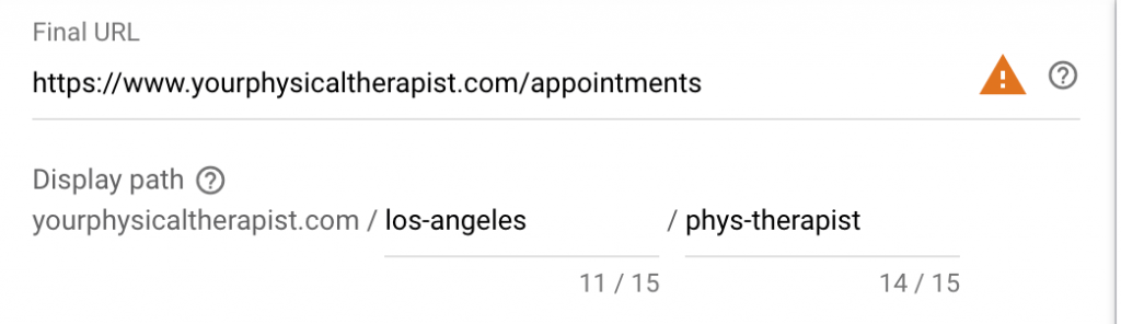 create display path and final url for google ads for physical therapists