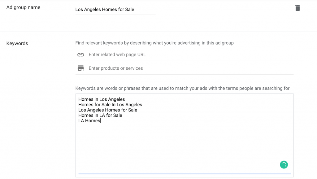 Create Ad group name and enter target keywords.