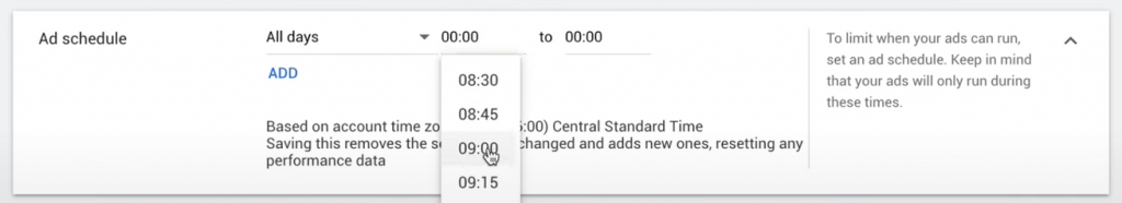 Designate time for Google Ads to run