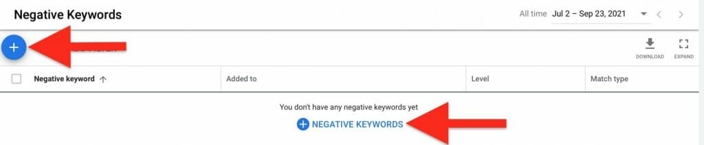 click on one of the blie plus signs to add negative keywords