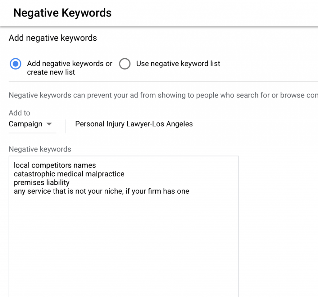 add negative keywords in the box provided for attorneys