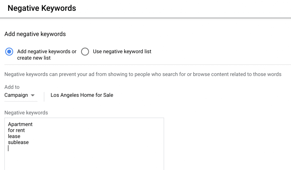 Add undesirable keywords for Google Ads campaign for real estate agents