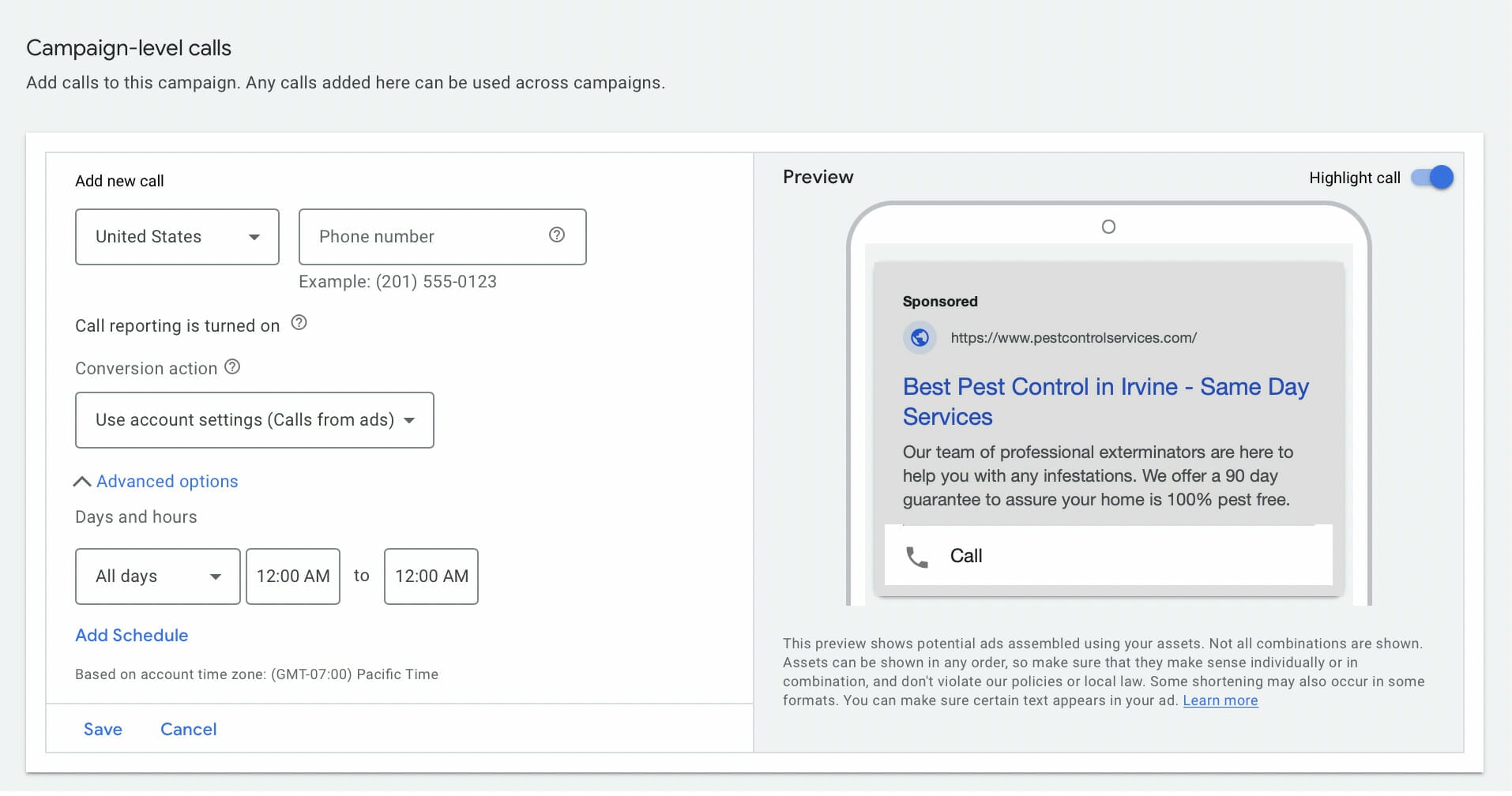 call assets for pest control ppc campaign