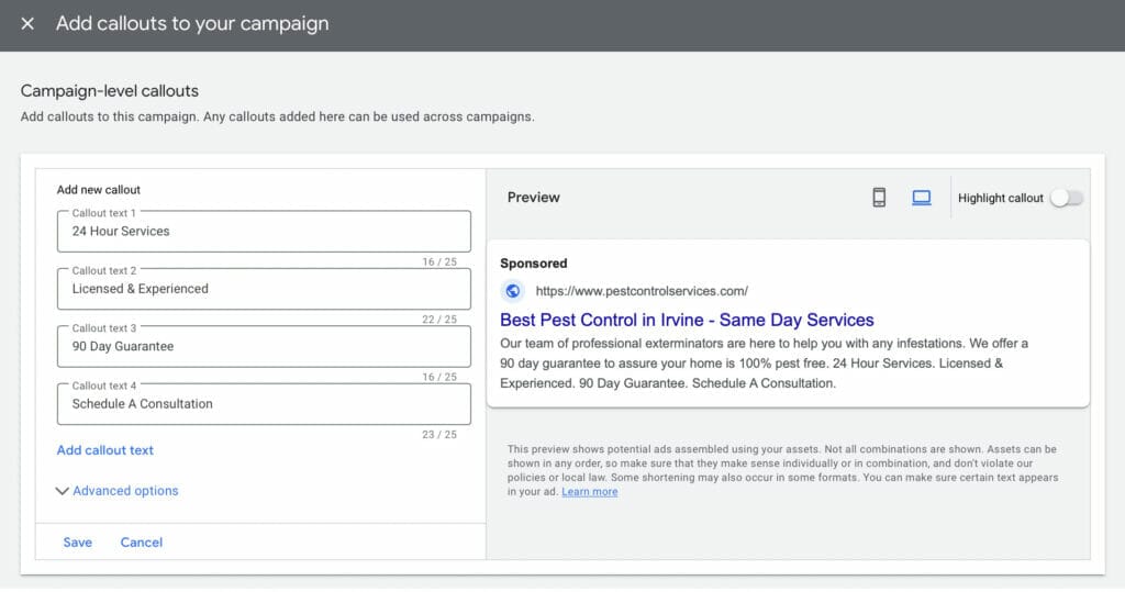 adding callout assets to ppc campaign for pest control company