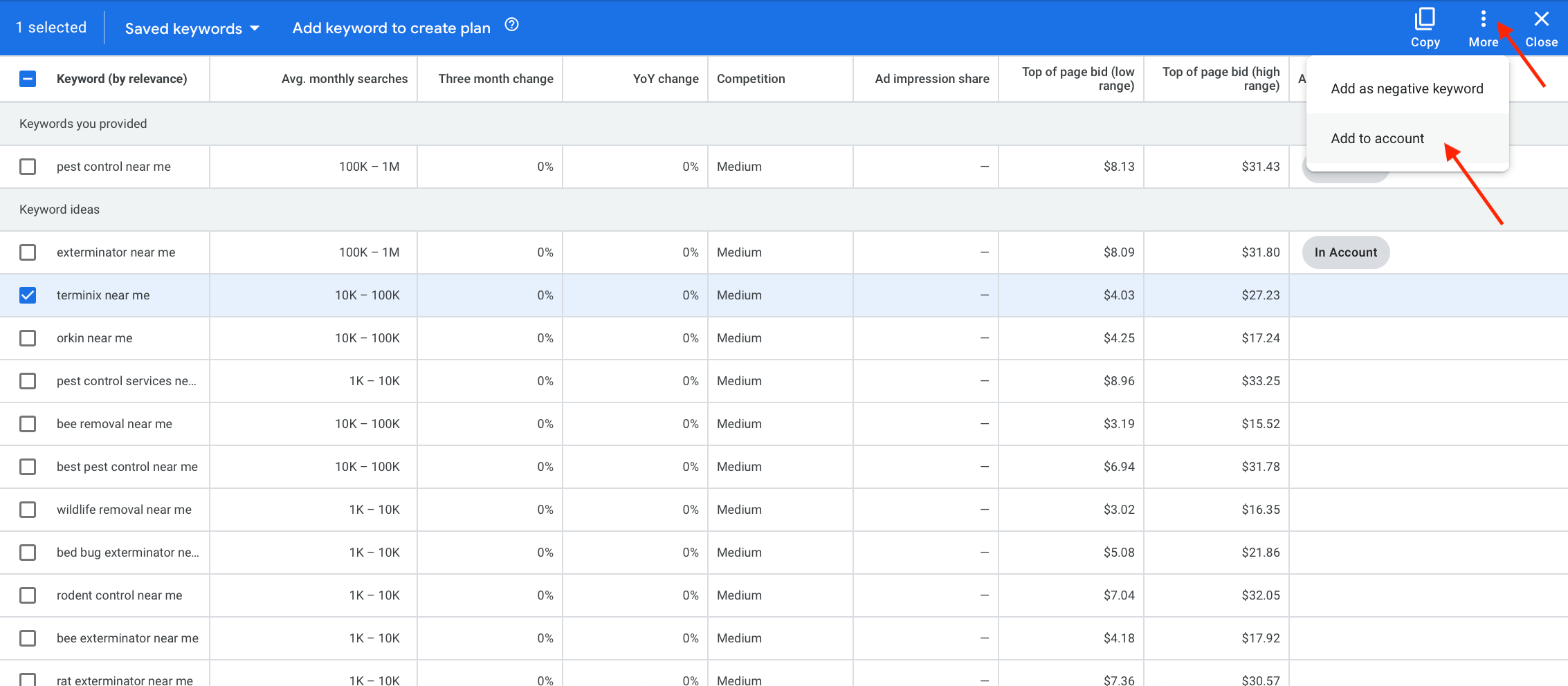 adding keywords to account from keyword suggestions
