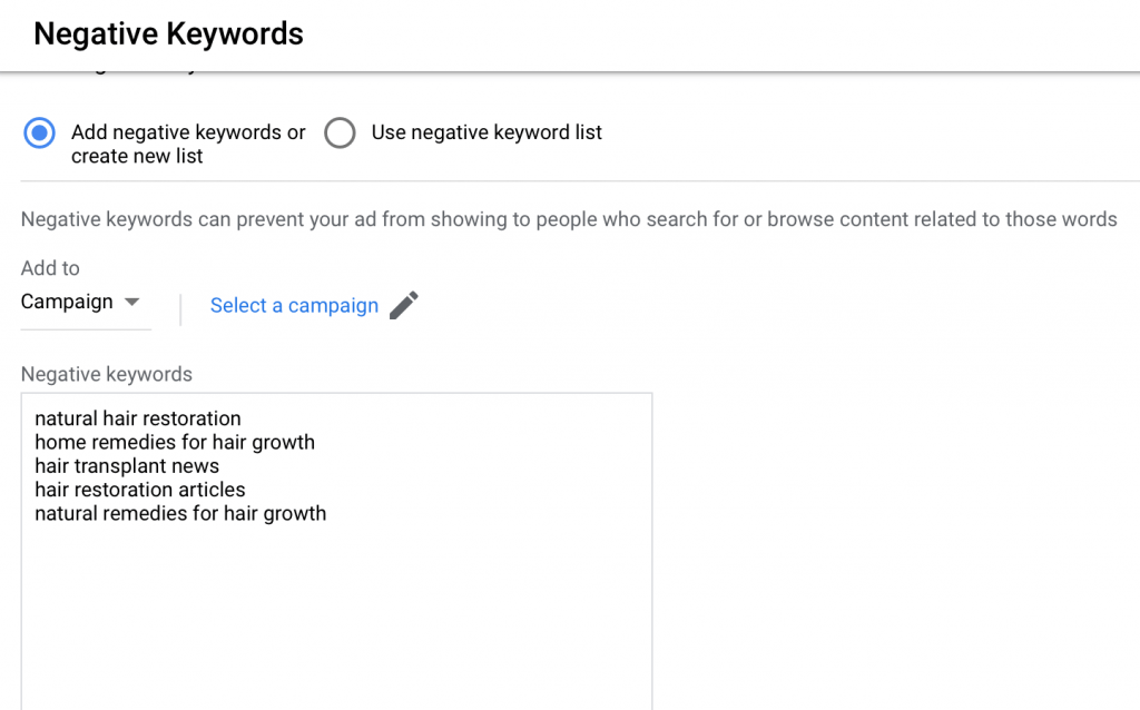 adding negative keywords for hair restoration